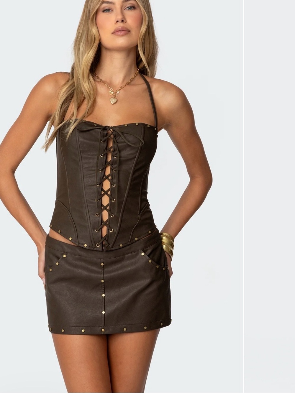 Edikted Dark Brown Lace-Up Faux Leather Corset Top